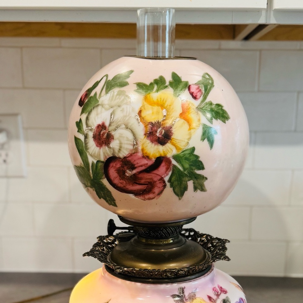 Floral Glass Oil Lamp with Pink and Yellow Accents